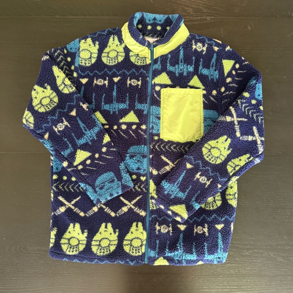 Star Wars Fleece Sweatshirt Full Zip Plush Navy/Blue/Green 90s Retro Adult L